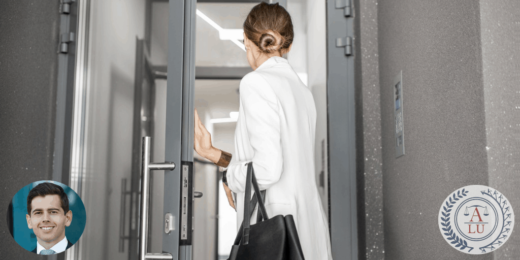Woman exiting an office