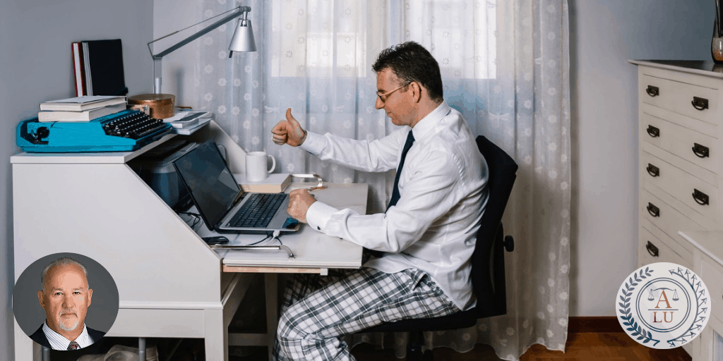 Man teleworking wearing pajamas